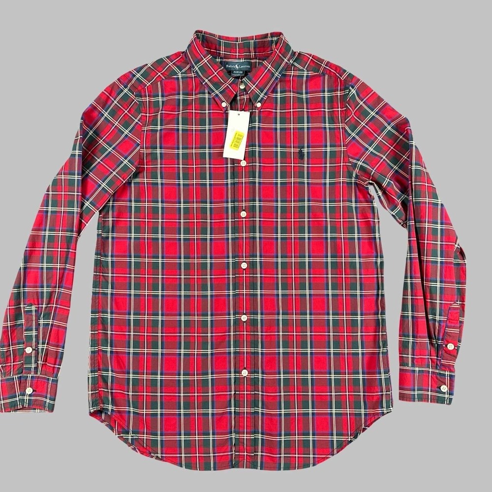 Ralph Lauren Polo Button Down Shirt Boys XL Red Tartan Plaid Pony Preppy NWT